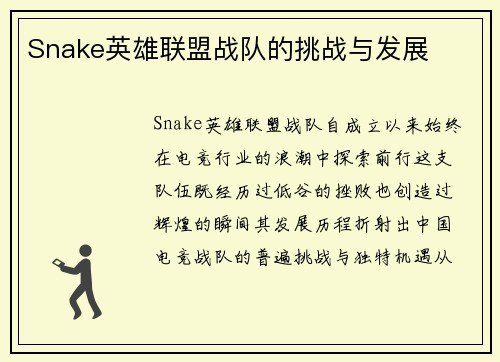 Snake英雄联盟战队的挑战与发展