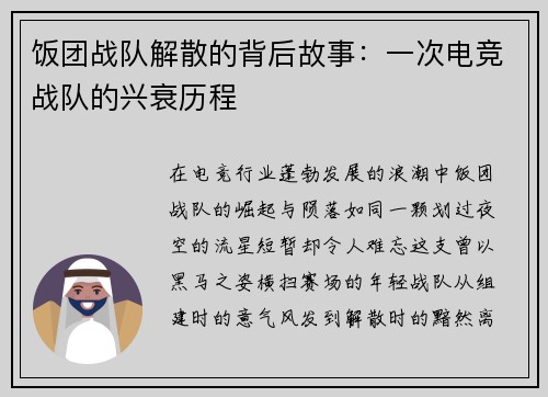 饭团战队解散的背后故事：一次电竞战队的兴衰历程